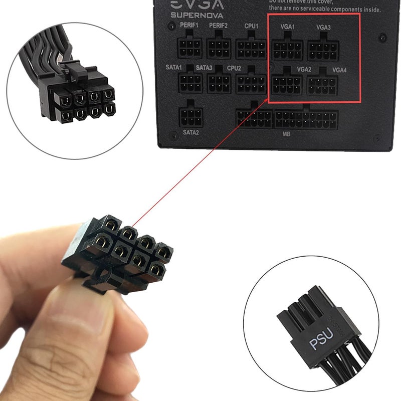Thsion كابل PCIe 8 بن لمزود طاقة EVGA، 25 بوصة 8 بن إلى 6+2 بن ذكر إلى ذكر كابل طاقة GPU لمزود طاقة EVGA G+ G2 G3 G5 G6 GA GM GT P2 P3 P5 P6 P+ T2 T3 - أسود - Image 2